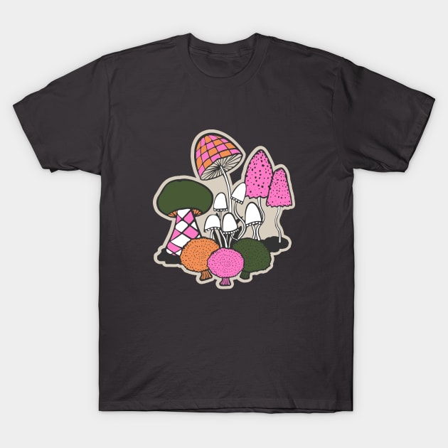 Groovy Weirdcore Mushrooms in green and pink T-Shirt by MinkkiDraws